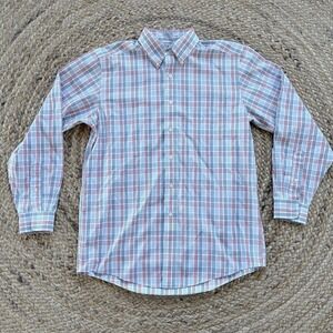LL Bean Button Shirt Mens 15-33 Blue Red Wrinkle Resistant Business Office